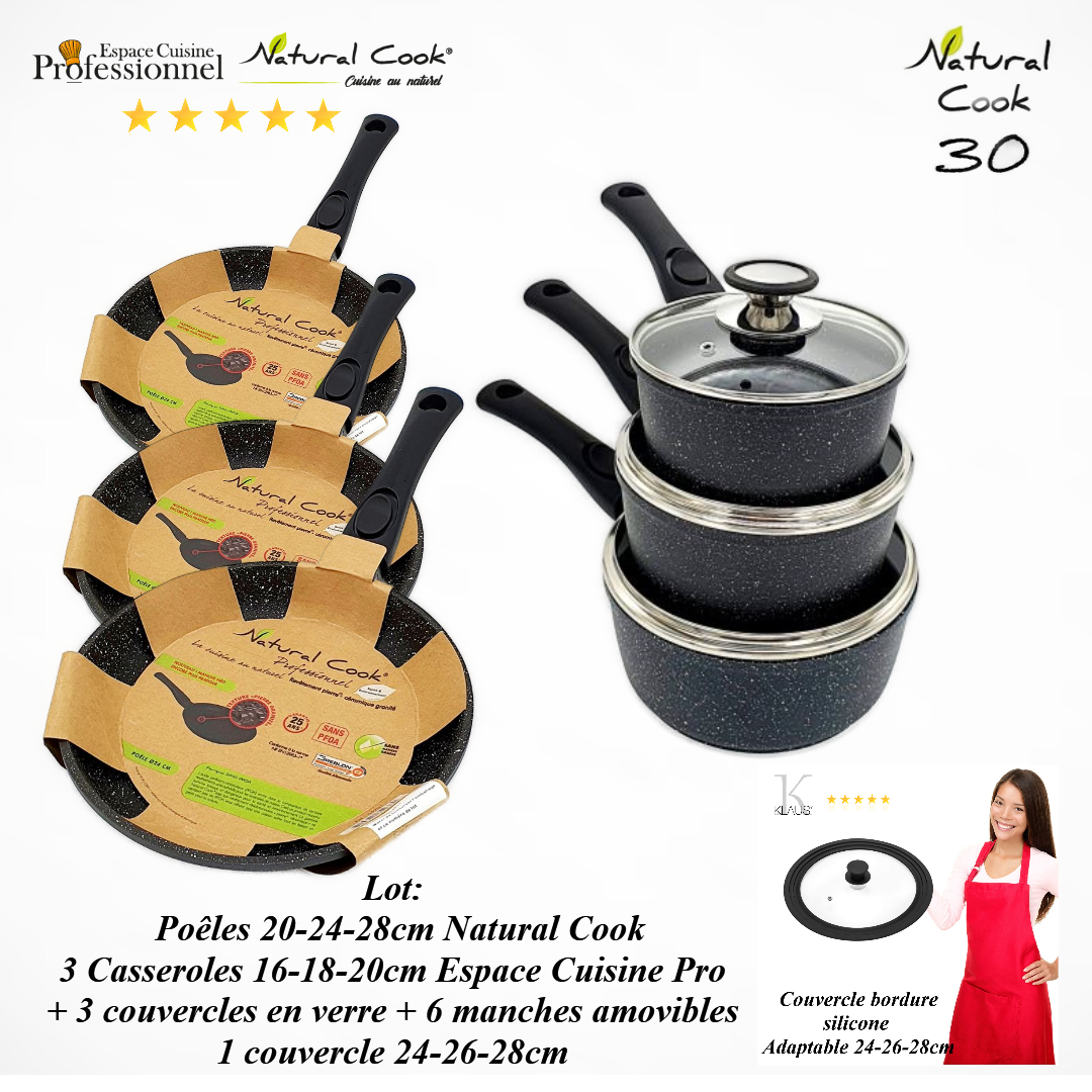 Poêles 20-24-28cm Natural Cook - Casseroles 16-18-20cm Espace Cuisine - 1  couvercle 24-26-28cm silicone