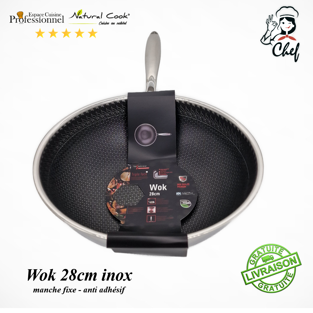 Wok 28cm - Inox antiadhésif Espace Cuisine Professionnel